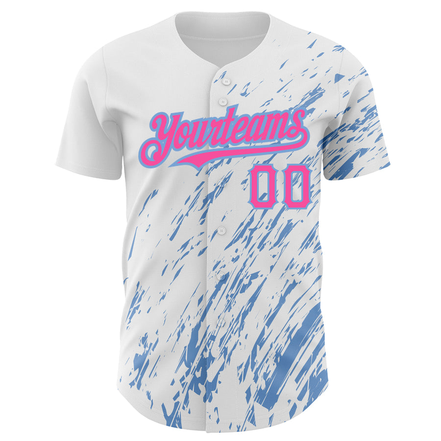 Custom White Pink-Light Blue 3D Pattern Design Abstract Splash Authentic Baseball Jersey