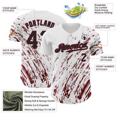 Custom White Black-Crimson 3D Pattern Design Abstract Splash Authentic Baseball Jersey