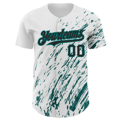 Custom White Black-Teal 3D Pattern Design Abstract Splash Authentic Baseball Jersey