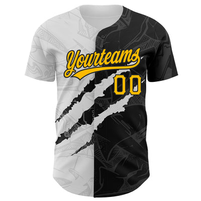 Custom Graffiti Pattern Gold-Black 3D Scratch Authentic Baseball Jersey