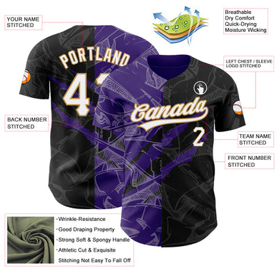 Custom Graffiti Pattern Black Purple-Old Gold 3D Scratch Authentic Baseball Jersey