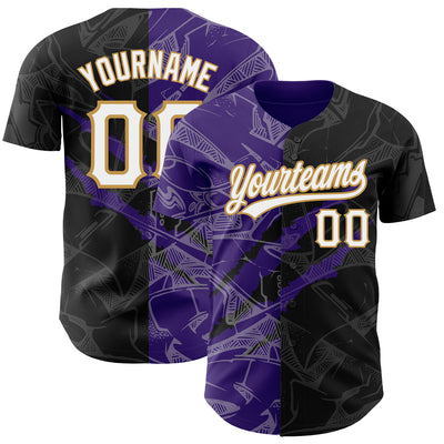 Custom Graffiti Pattern Black Purple-Old Gold 3D Scratch Authentic Baseball Jersey