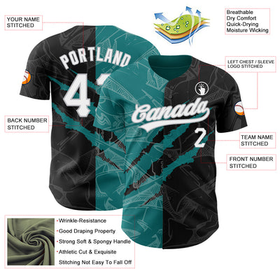 Custom Graffiti Pattern Black Teal-Gray 3D Scratch Authentic Baseball Jersey