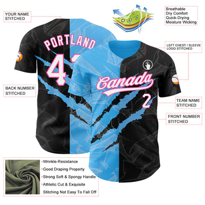 Custom Graffiti Pattern Black Sky Blue-Pink 3D Scratch Authentic Baseball Jersey