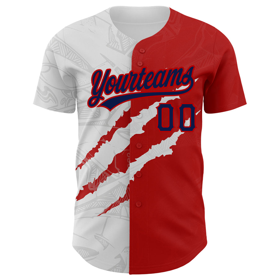 Custom Graffiti Pattern Navy-Red 3D Scratch Authentic Baseball Jersey