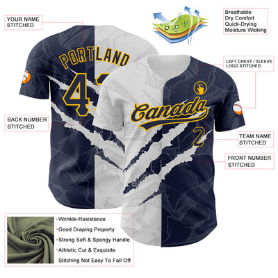 Custom Graffiti Pattern Navy-Gold 3D Scratch Authentic Baseball Jersey