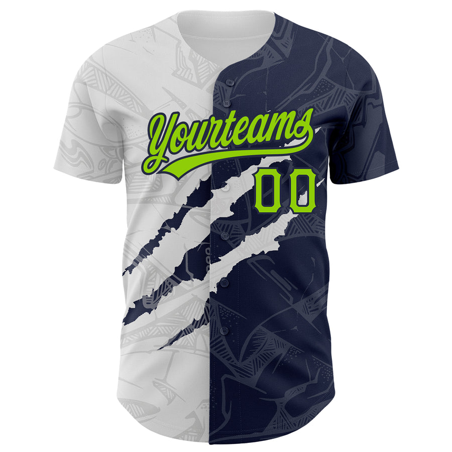 Custom Graffiti Pattern Neon Green-Navy 3D Scratch Authentic Baseball Jersey