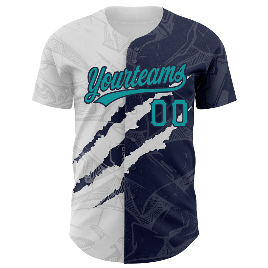 Custom Graffiti Pattern Teal-Navy 3D Scratch Authentic Baseball Jersey