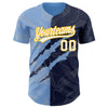 Custom Graffiti Pattern Navy Light Blue-Gold 3D Scratch Authentic Baseball Jersey