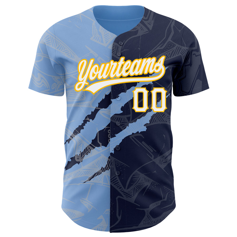 Custom Graffiti Pattern Navy Light Blue-Gold 3D Scratch Authentic Baseball Jersey