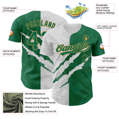 Custom Graffiti Pattern Kelly Green-Old Gold 3D Scratch Authentic Baseball Jersey