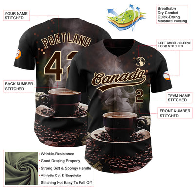 Custom Black Brown Cream 3D Pattern Design International Coffee Day Authentic Baseball Jersey