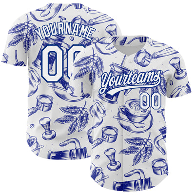 Custom White Royal 3D Pattern Design International Coffee Day Authentic Baseball Jersey