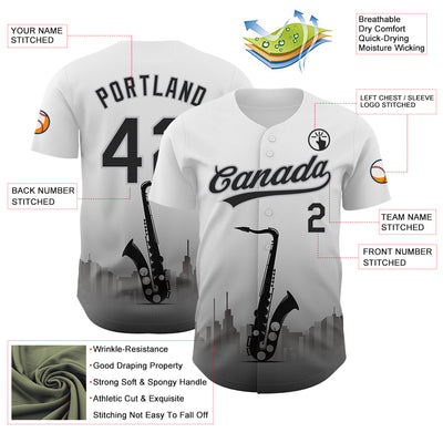 Custom White Black-Gray 3D Pattern Design City Of Jazz Music Authentic Baseball Jersey