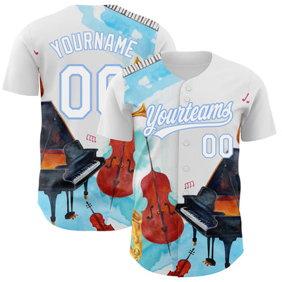 Custom White Light Blue 3D Pattern Design Music Festival Authentic Baseball Jersey