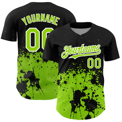 Custom Black Neon Green-White 3D Pattern Design Abstract Splash Grunge Art Authentic Baseball Jersey