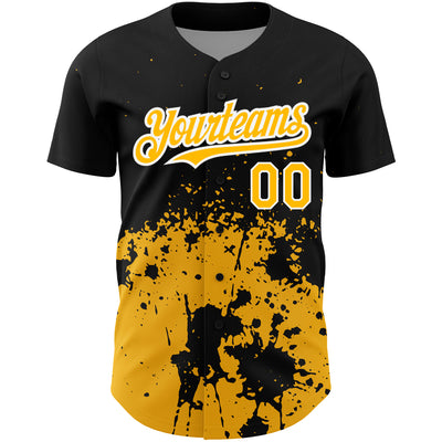 Custom Black Gold-White 3D Pattern Design Abstract Splash Grunge Art Authentic Baseball Jersey