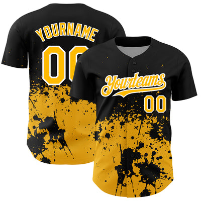 Custom Black Gold-White 3D Pattern Design Abstract Splash Grunge Art Authentic Baseball Jersey