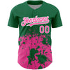 Custom Kelly Green Pink-White 3D Pattern Design Abstract Splash Grunge Art Authentic Baseball Jersey