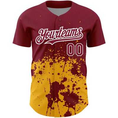 Custom Crimson Gold-White 3D Pattern Design Abstract Splash Grunge Art Authentic Baseball Jersey