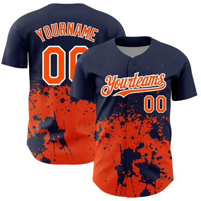 Custom Navy Orange-White 3D Pattern Design Abstract Splash Grunge Art Authentic Baseball Jersey