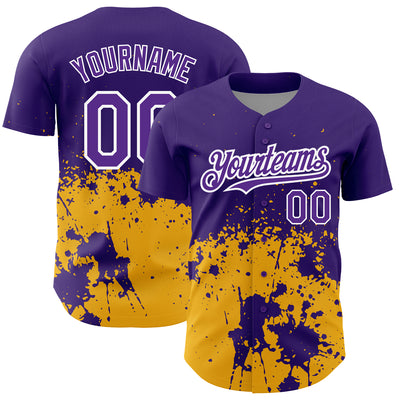 Custom Purple Gold-White 3D Pattern Design Abstract Splash Grunge Art Authentic Baseball Jersey