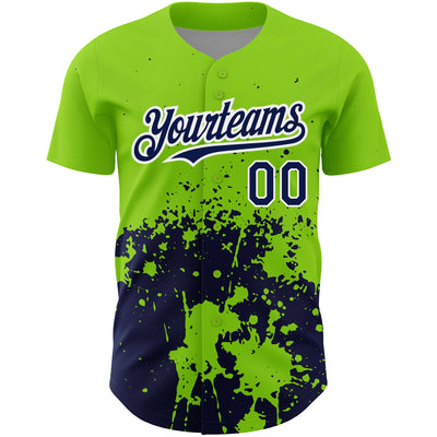 Custom Neon Green Navy-White 3D Pattern Design Abstract Splash Grunge Art Authentic Baseball Jersey