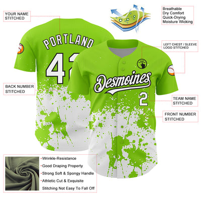 Custom Neon Green White-Black 3D Pattern Design Abstract Splash Grunge Art Authentic Baseball Jersey