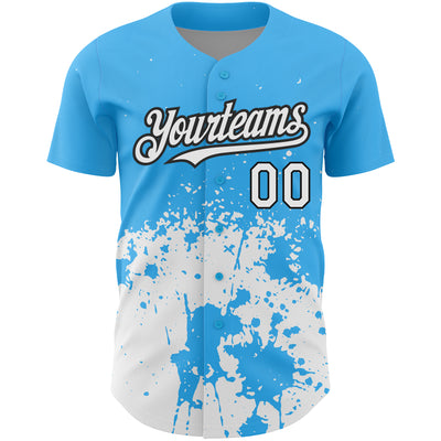 Custom Sky Blue White-Black 3D Pattern Design Abstract Splash Grunge Art Authentic Baseball Jersey