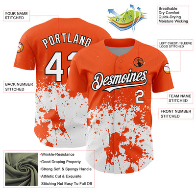 Custom Orange White-Black 3D Pattern Design Abstract Splash Grunge Art Authentic Baseball Jersey