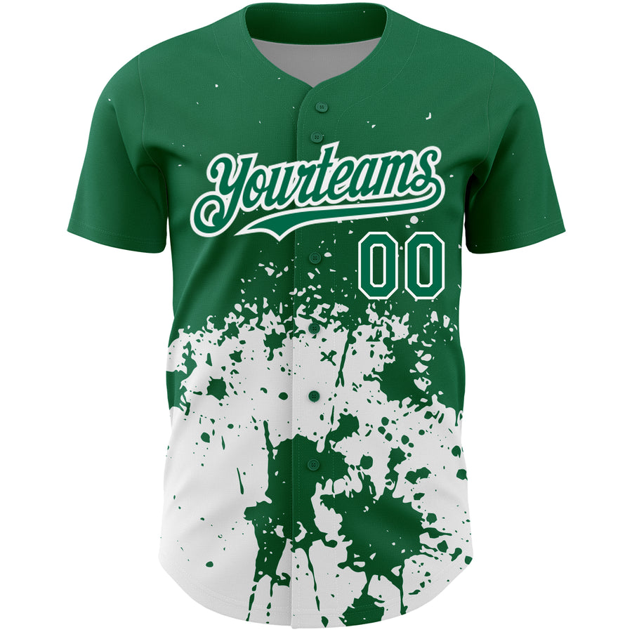 Custom Kelly Green White 3D Pattern Design Abstract Splash Grunge Art Authentic Baseball Jersey