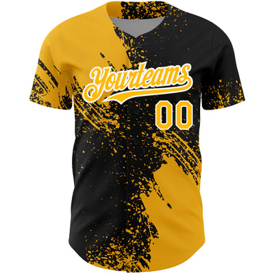 Custom Black Gold-White 3D Pattern Design Abstract Brush Stroke Authentic Baseball Jersey