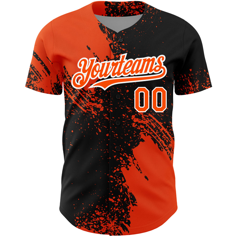 Custom Black Orange-White 3D Pattern Design Abstract Brush Stroke Authentic Baseball Jersey