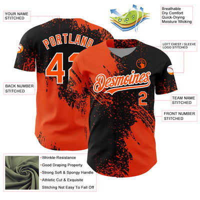 Custom Black Orange-White 3D Pattern Design Abstract Brush Stroke Authentic Baseball Jersey