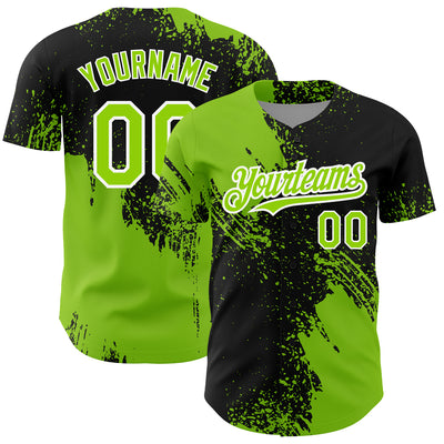 Custom Black Neon Green-White 3D Pattern Design Abstract Brush Stroke Authentic Baseball Jersey