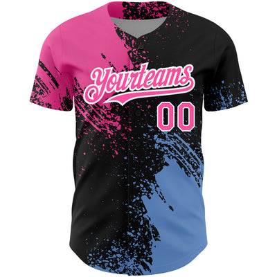 Custom Black Pink-Light Blue 3D Pattern Design Abstract Brush Stroke Authentic Baseball Jersey