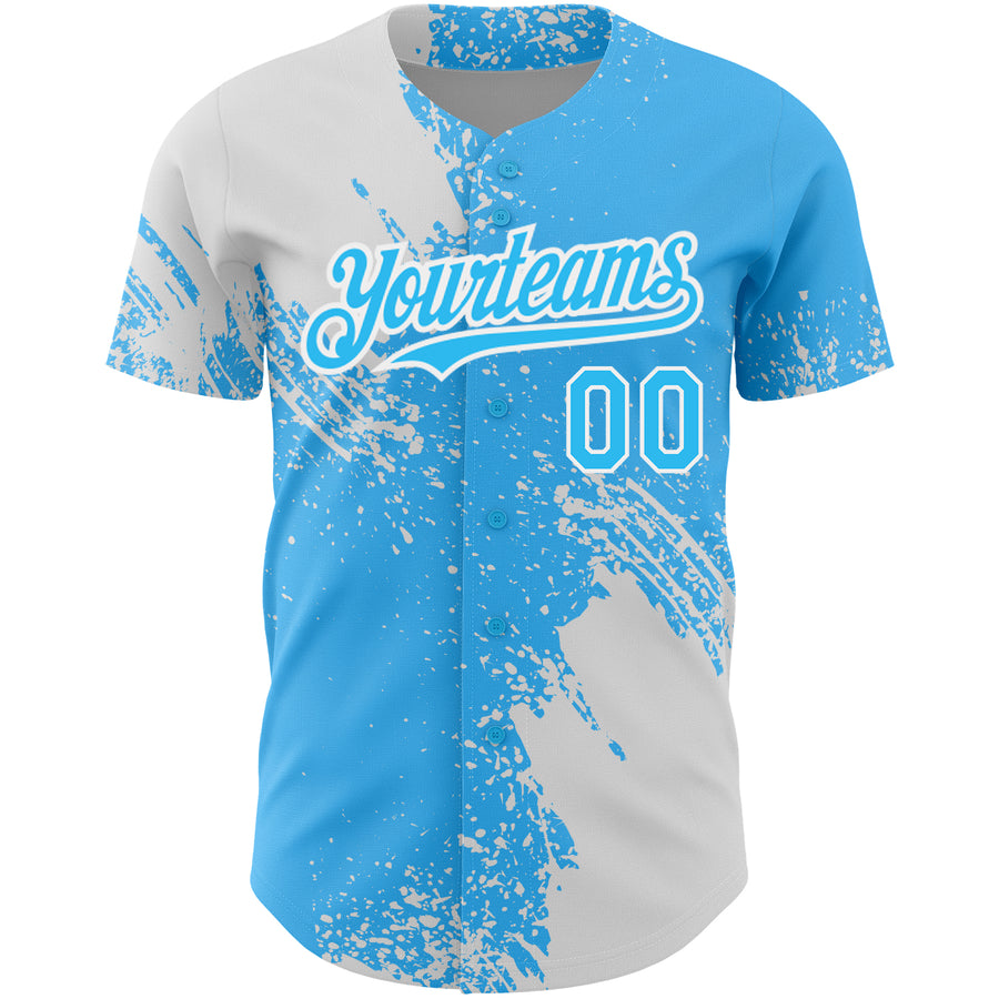 Custom Sky Blue White 3D Pattern Design Abstract Brush Stroke Authentic Baseball Jersey