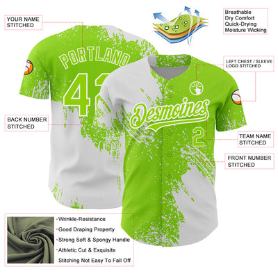 Custom Neon Green White 3D Pattern Design Abstract Brush Stroke Authentic Baseball Jersey