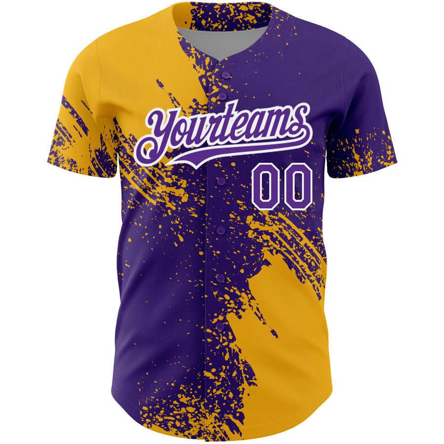 Custom Purple Gold-White 3D Pattern Design Abstract Brush Stroke Authentic Baseball Jersey