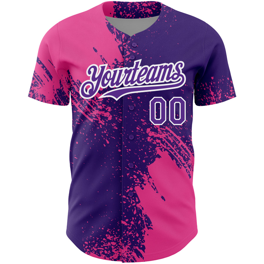 Custom Purple Pink-White 3D Pattern Design Abstract Brush Stroke Authentic Baseball Jersey