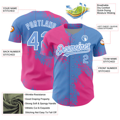 Custom Light Blue Pink-White 3D Pattern Design Abstract Brush Stroke Authentic Baseball Jersey