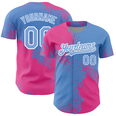 Custom Light Blue Pink-White 3D Pattern Design Abstract Brush Stroke Authentic Baseball Jersey