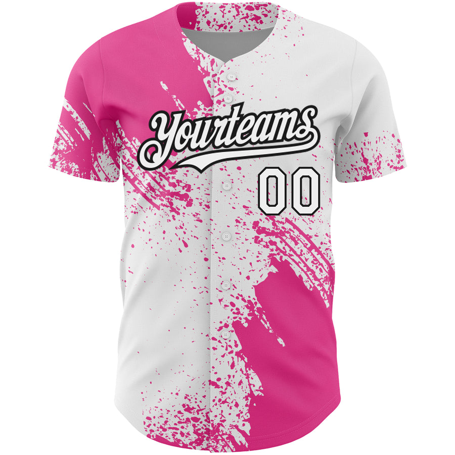 Custom White Pink-Black 3D Pattern Design Abstract Brush Stroke Authentic Baseball Jersey