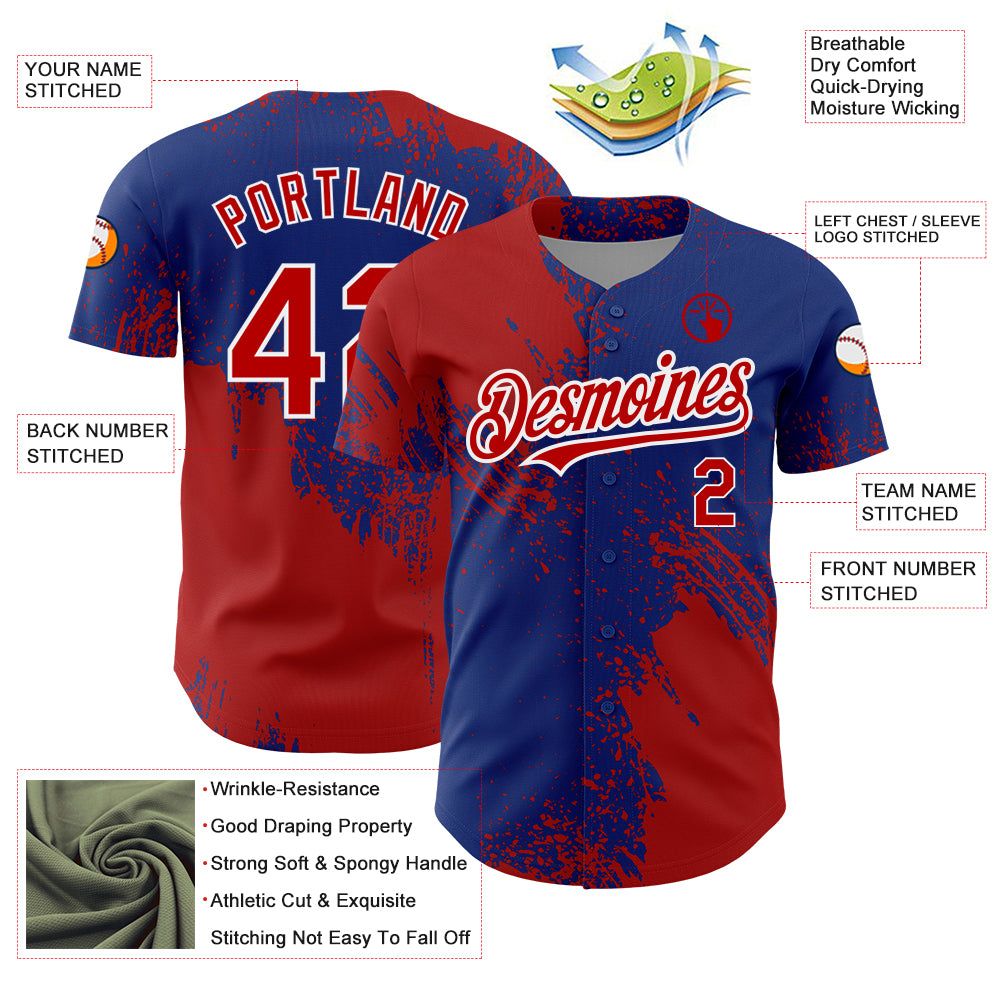 Custom Royal Red-White 3D Pattern Design Abstract Brush Stroke Authentic Baseball Jersey