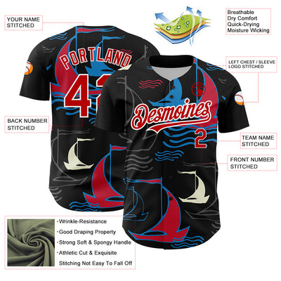 Custom Black Red-White 3D Pattern Design Sailing Boats Authentic Baseball Jersey