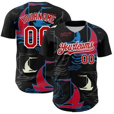 Custom Black Red-White 3D Pattern Design Sailing Boats Authentic Baseball Jersey