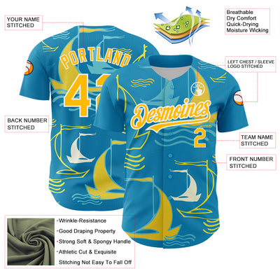 Custom Panther Blue Gold-White 3D Pattern Design Sailing Boats Authentic Baseball Jersey