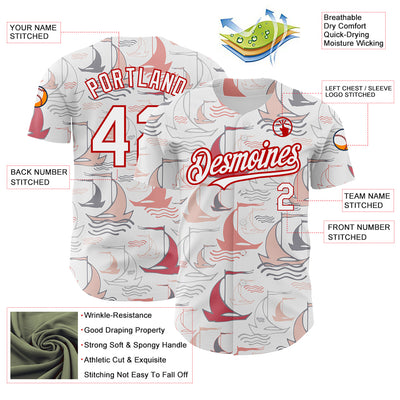 Custom White Red 3D Pattern Design Sailing Boats Authentic Baseball Jersey