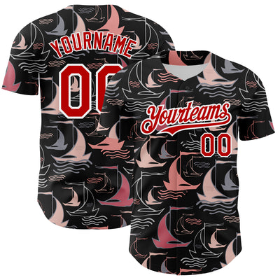 Custom Black Red-White 3D Pattern Design Sailing Boats Authentic Baseball Jersey