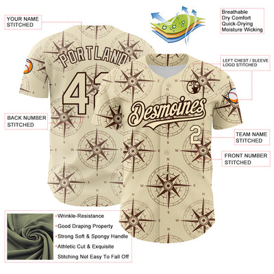 Custom Cream Brown 3D Pattern Design Navigation Compass Authentic Baseball Jersey